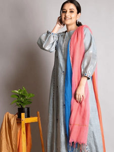 Embroidered Linen Zari Kurta Set - Grey