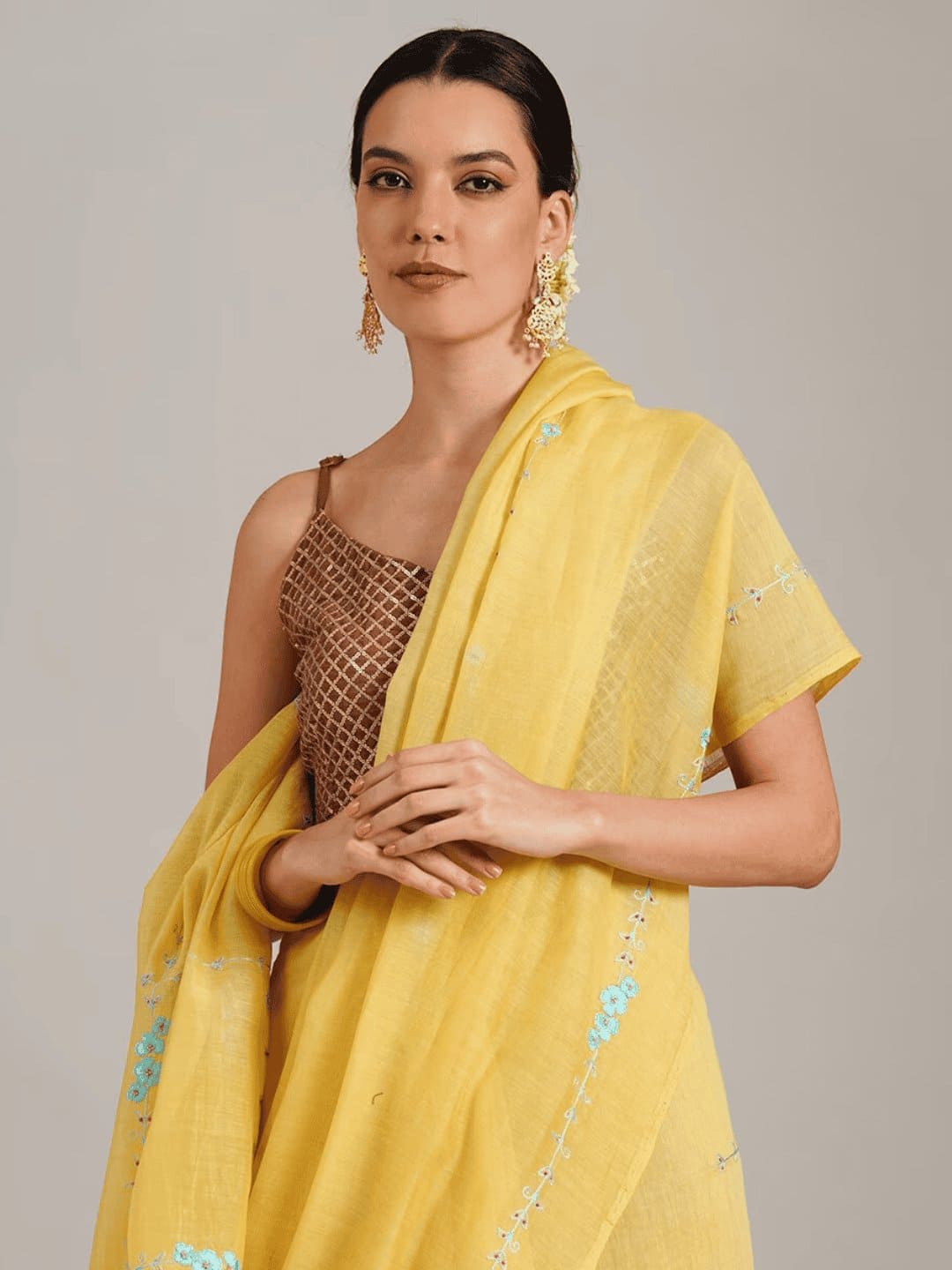 Embroidered Silk Chanderi Saree - Yellow - Charkha TalesEmbroidered Silk Chanderi Saree - Yellow