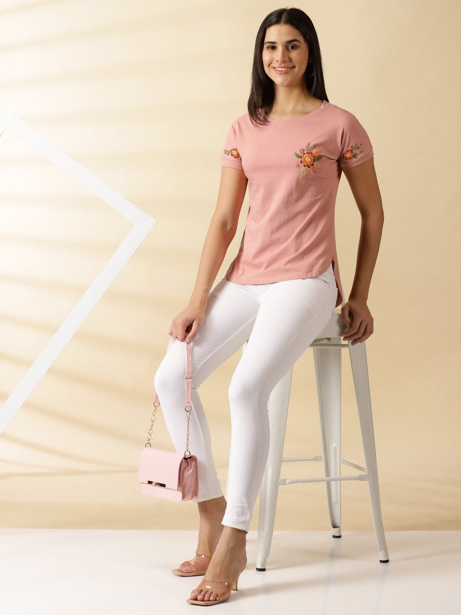Embroidered Women Top - Salmon Pink - Charkha TalesEmbroidered Women Top - Salmon Pink