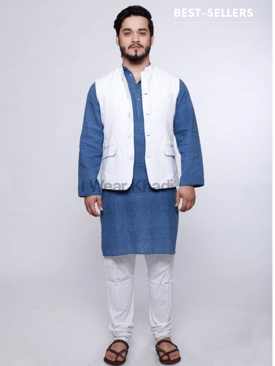 Ethnic White Khadi Men Nehru Jacket - Charkha TalesEthnic White Khadi Men Nehru Jacket