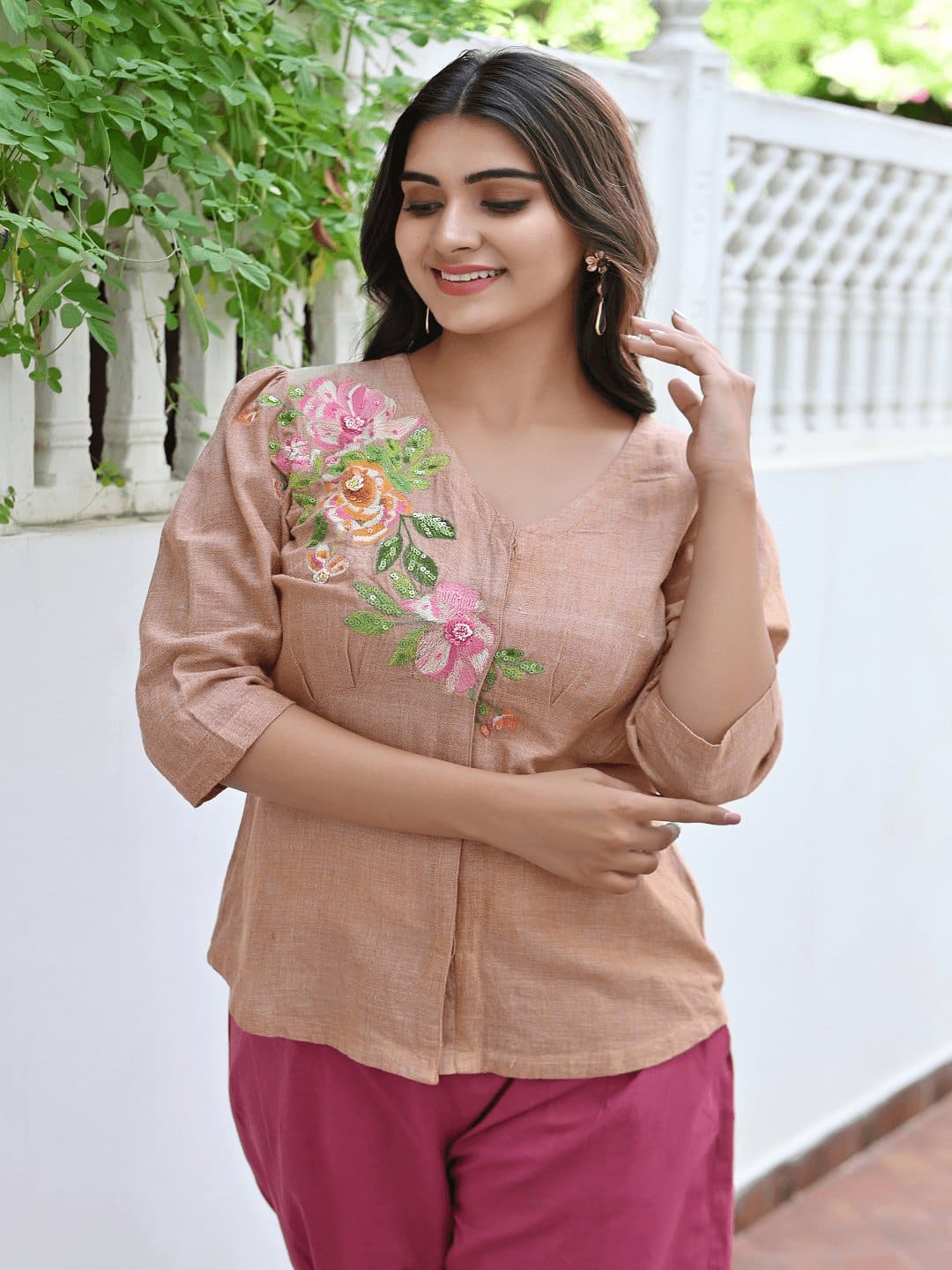 Fawn Bold Bloom Embroidered Top - Charkha TalesFawn Bold Bloom Embroidered Top