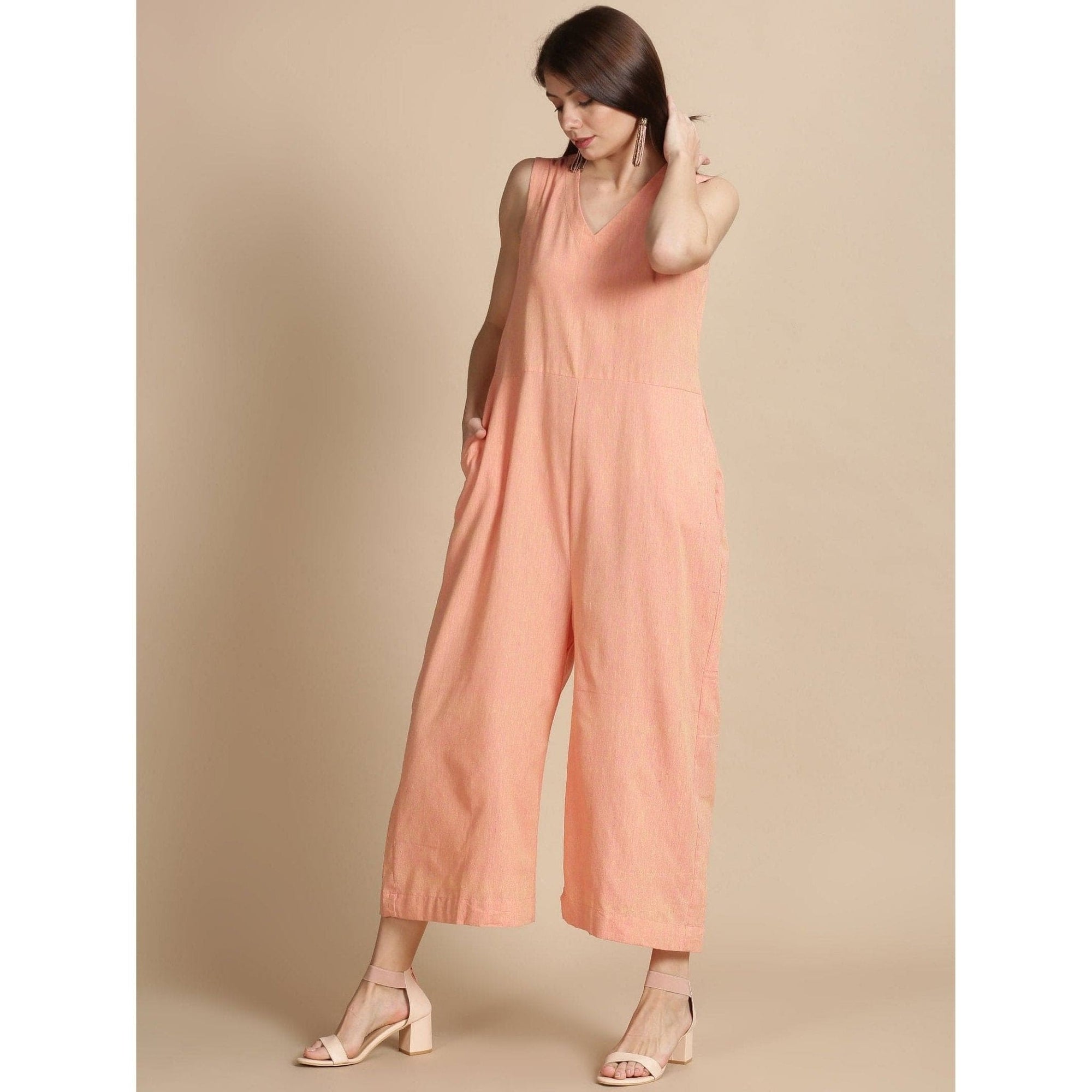 Floral Beads cluster Jumpsuit With overlay jacket - Peach - Charkha TalesFloral Beads cluster Jumpsuit With overlay jacket - Peach