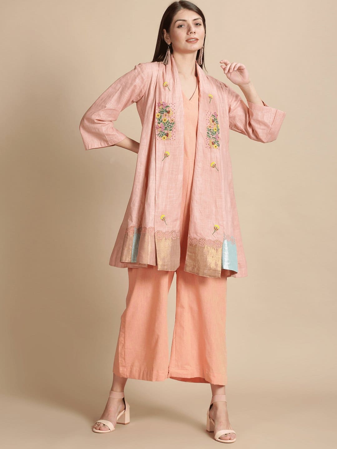 Floral Beads cluster Jumpsuit With overlay jacket - Peach - Charkha TalesFloral Beads cluster Jumpsuit With overlay jacket - Peach
