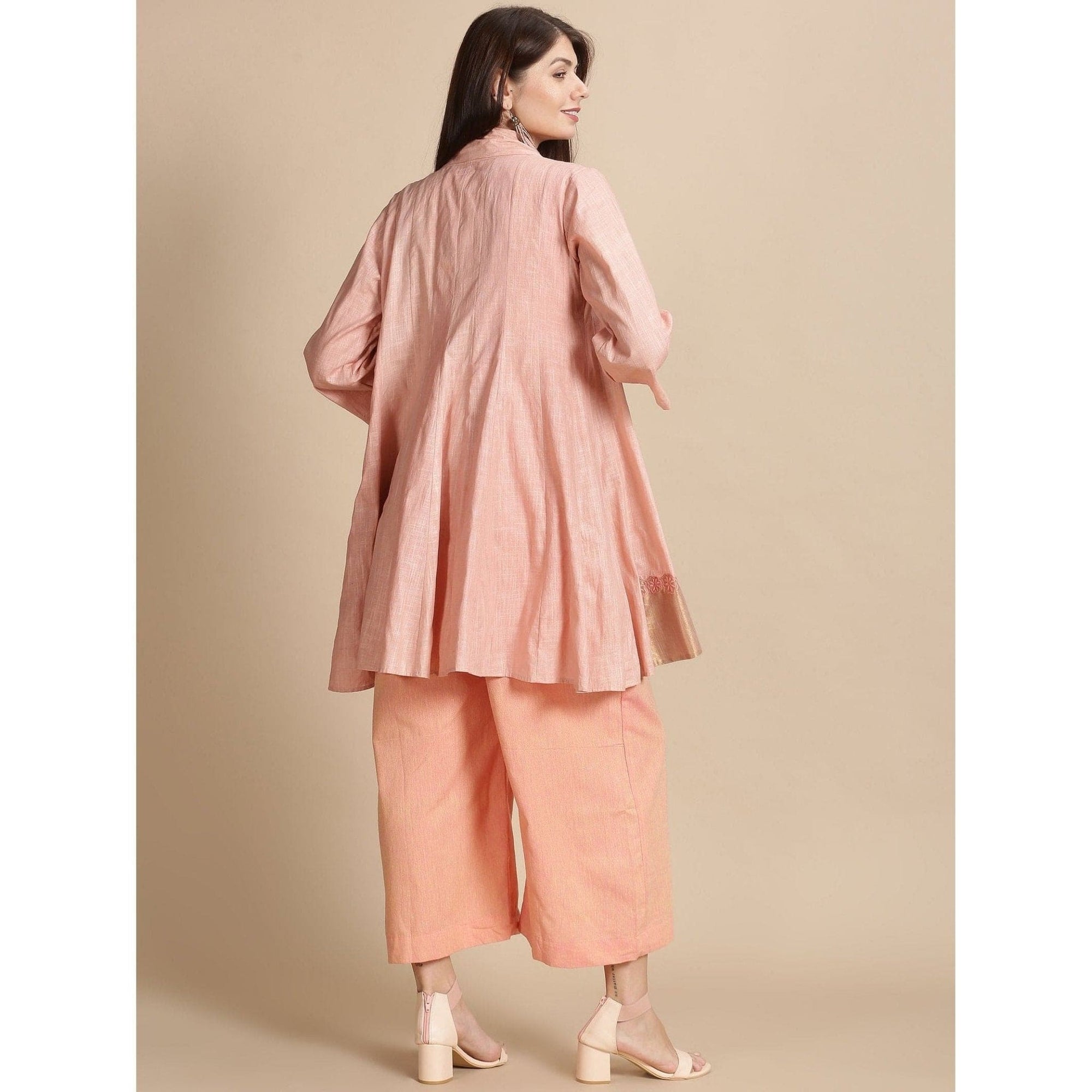 Floral Beads cluster Jumpsuit With overlay jacket - Peach - Charkha TalesFloral Beads cluster Jumpsuit With overlay jacket - Peach