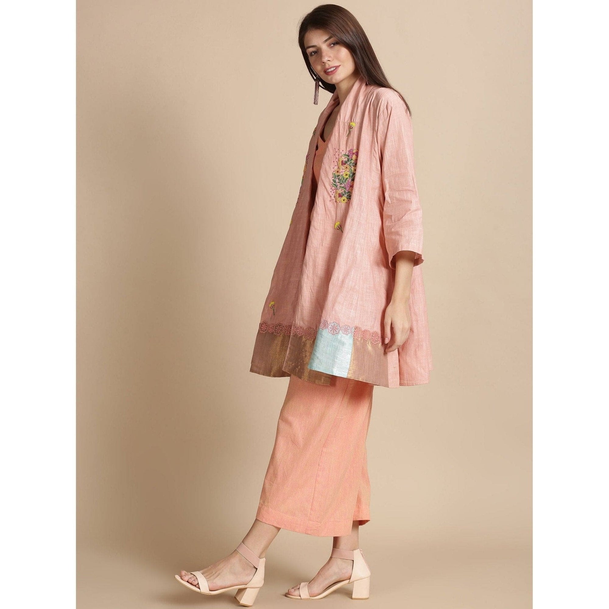 Floral Beads cluster Jumpsuit With overlay jacket - Peach - Charkha TalesFloral Beads cluster Jumpsuit With overlay jacket - Peach