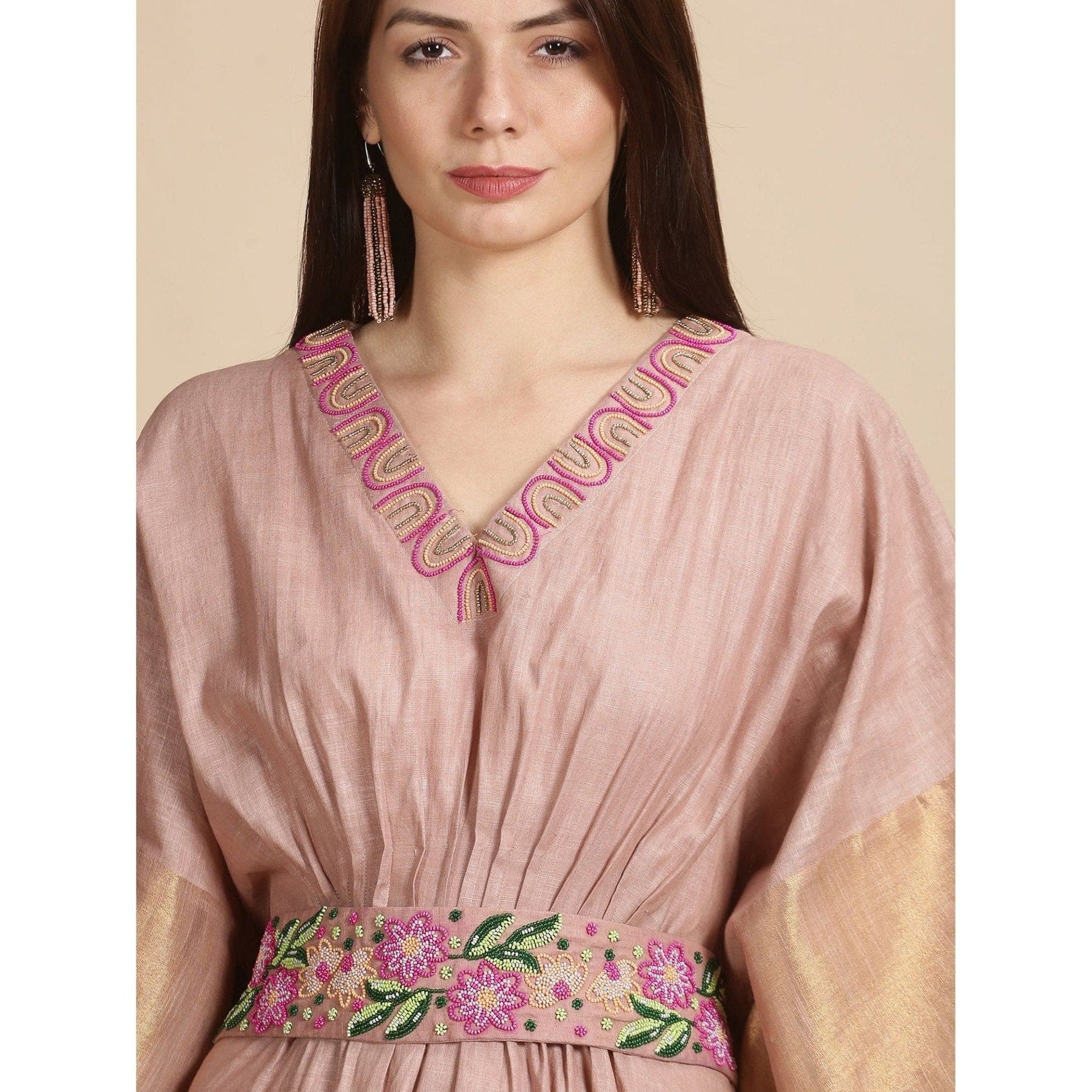 Floral Beads cluster Kaftan Dress - Peach - Charkha TalesFloral Beads cluster Kaftan Dress - Peach