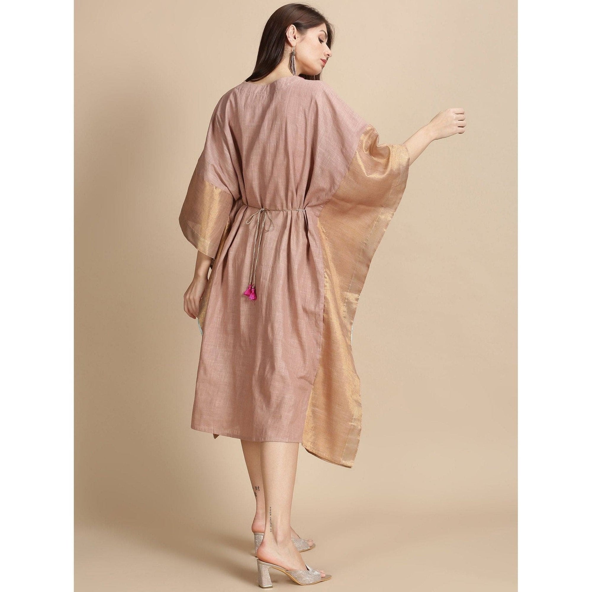 Floral Beads cluster Kaftan Dress - Peach - Charkha TalesFloral Beads cluster Kaftan Dress - Peach