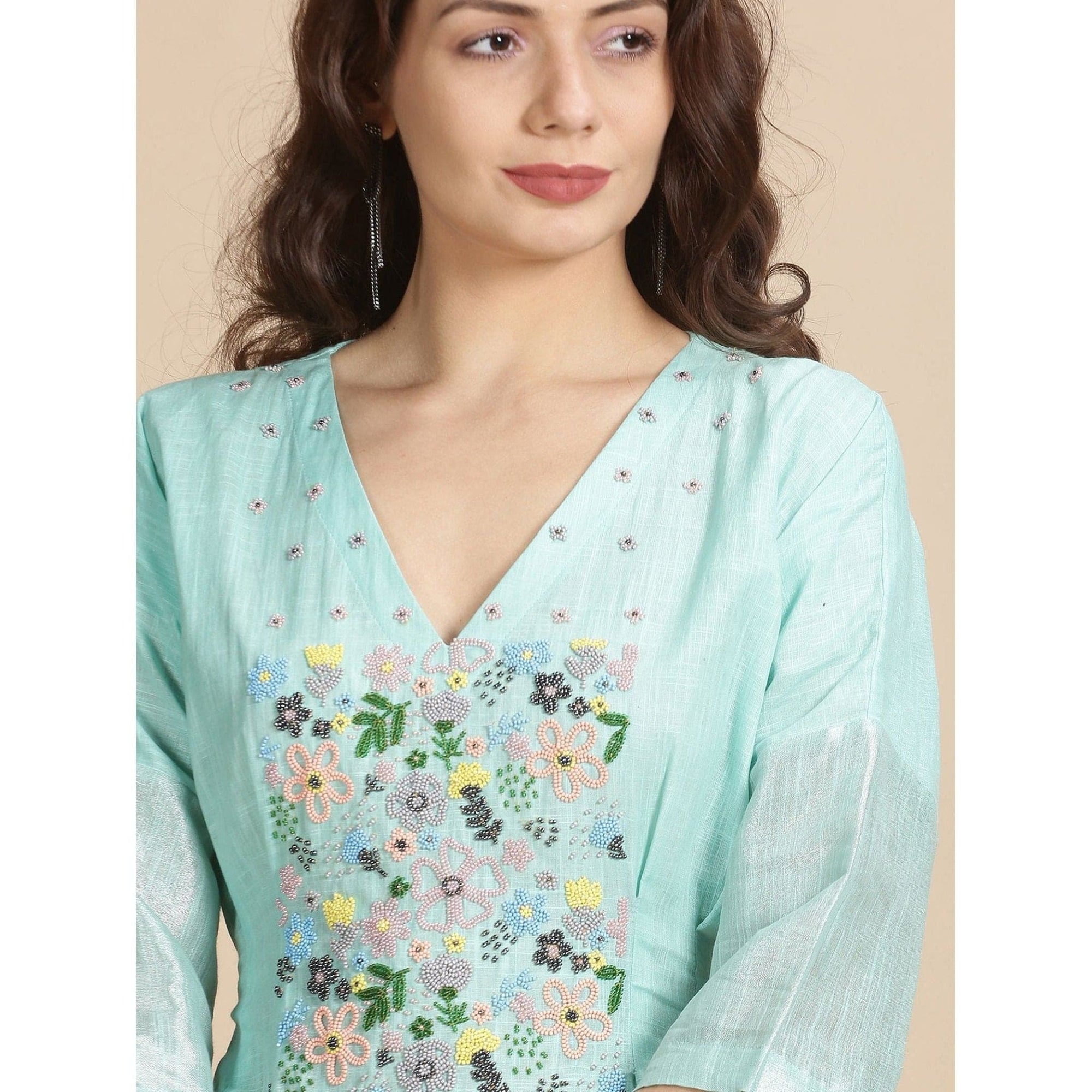 Floral Beads cluster Work kaftan dress - Sea Green - Charkha TalesFloral Beads cluster Work kaftan dress - Sea Green
