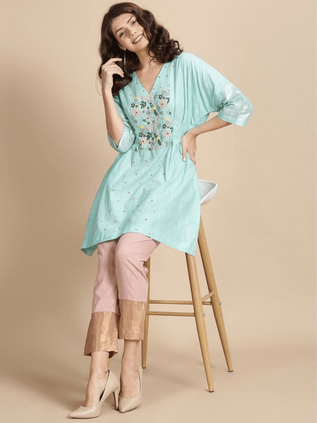 Floral Beads cluster Work kaftan dress - Sea Green - Charkha TalesFloral Beads cluster Work kaftan dress - Sea Green