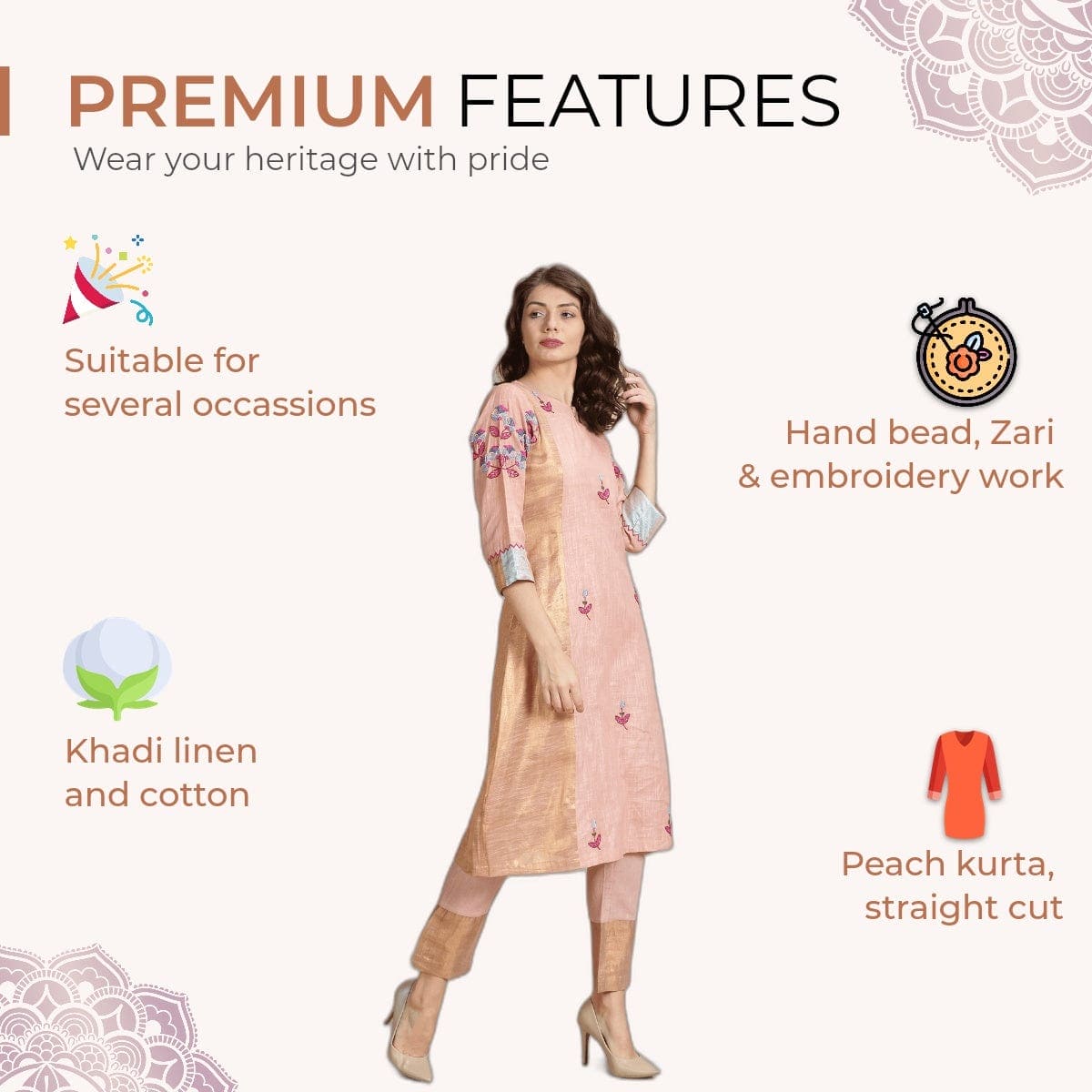 Floral Beads Cluster Work Kurta Set - Peach - Charkha TalesFloral Beads Cluster Work Kurta Set - Peach