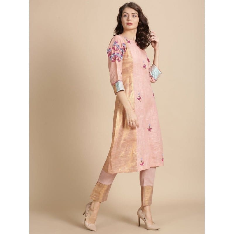 Floral Beads Cluster Work Kurta Set - Peach - Charkha TalesFloral Beads Cluster Work Kurta Set - Peach
