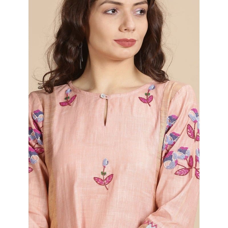 Floral Beads Cluster Work Kurta Set - Peach - Charkha TalesFloral Beads Cluster Work Kurta Set - Peach