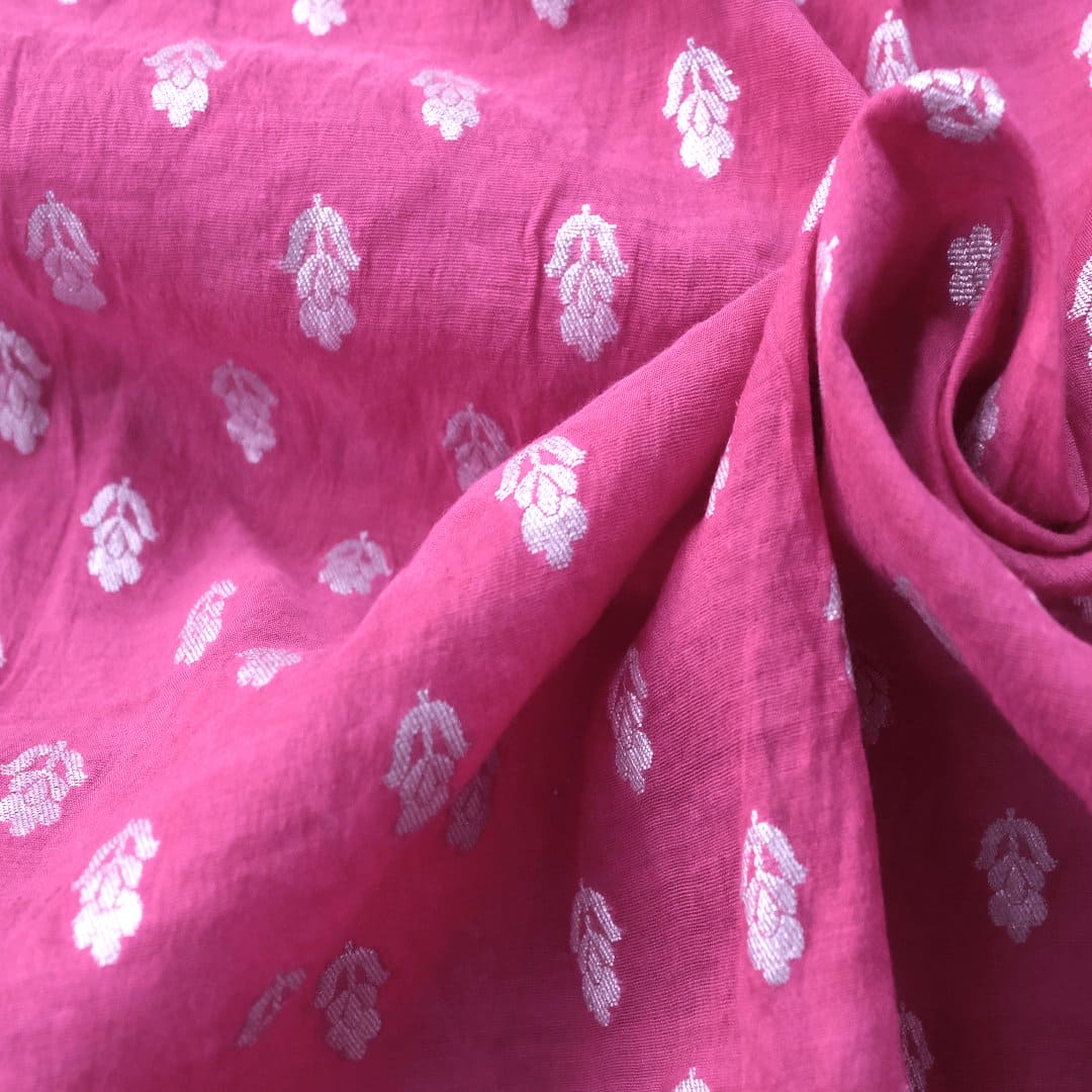 Floral Butti Silk Chanderi Fabric - Fuchsia Pink - Charkha TalesFloral Butti Silk Chanderi Fabric - Fuchsia Pink