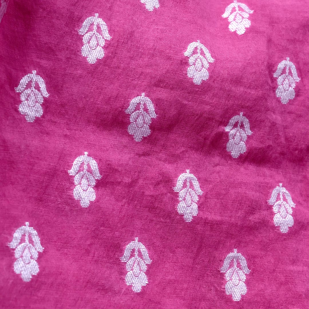 Floral Butti Silk Chanderi Fabric - Fuchsia Pink - Charkha TalesFloral Butti Silk Chanderi Fabric - Fuchsia Pink