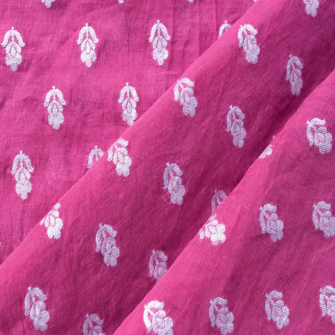 Floral Butti Silk Chanderi Fabric - Fuchsia Pink - Charkha TalesFloral Butti Silk Chanderi Fabric - Fuchsia Pink
