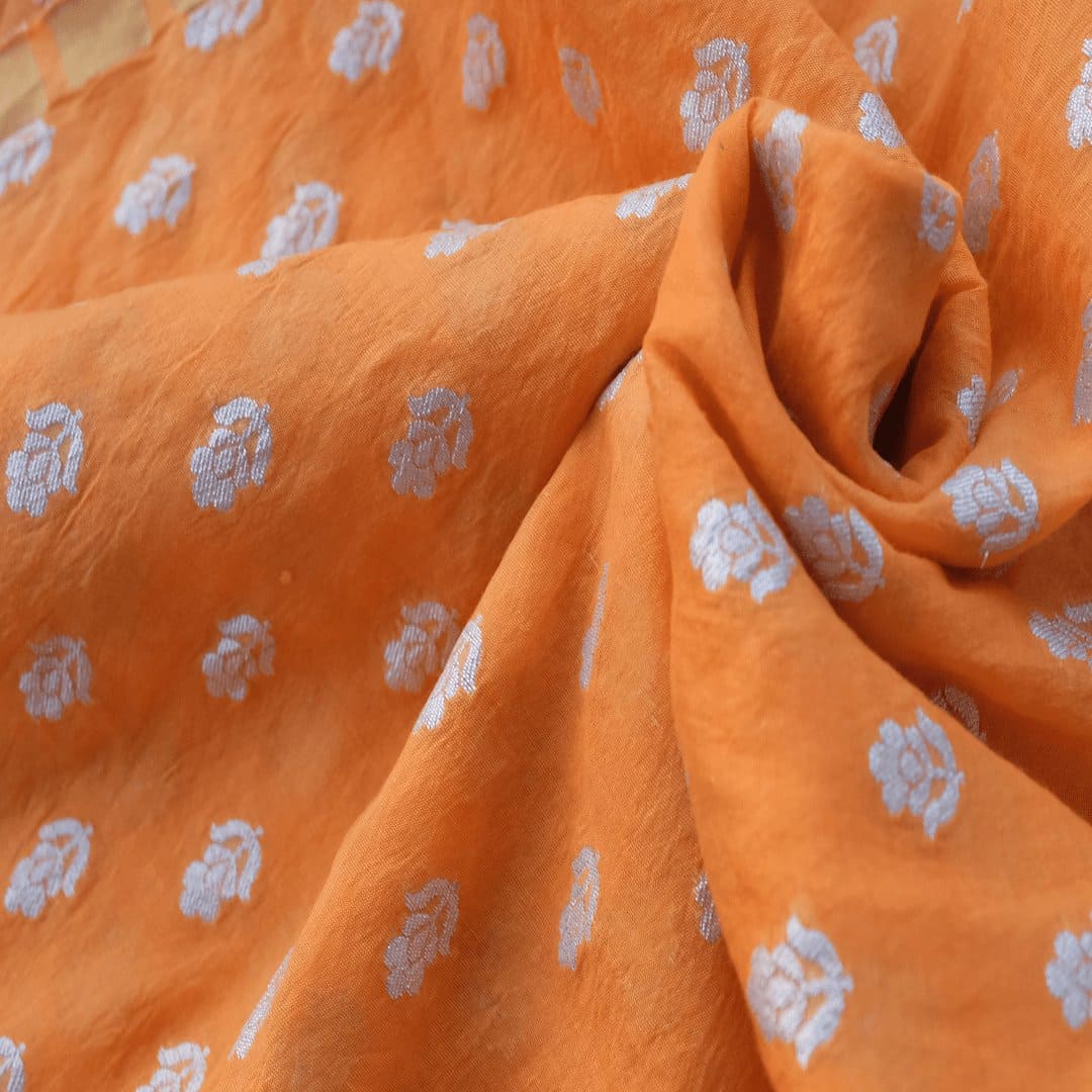 Floral Butti Silk Chanderi Fabric - Orange - Charkha TalesFloral Butti Silk Chanderi Fabric - Orange