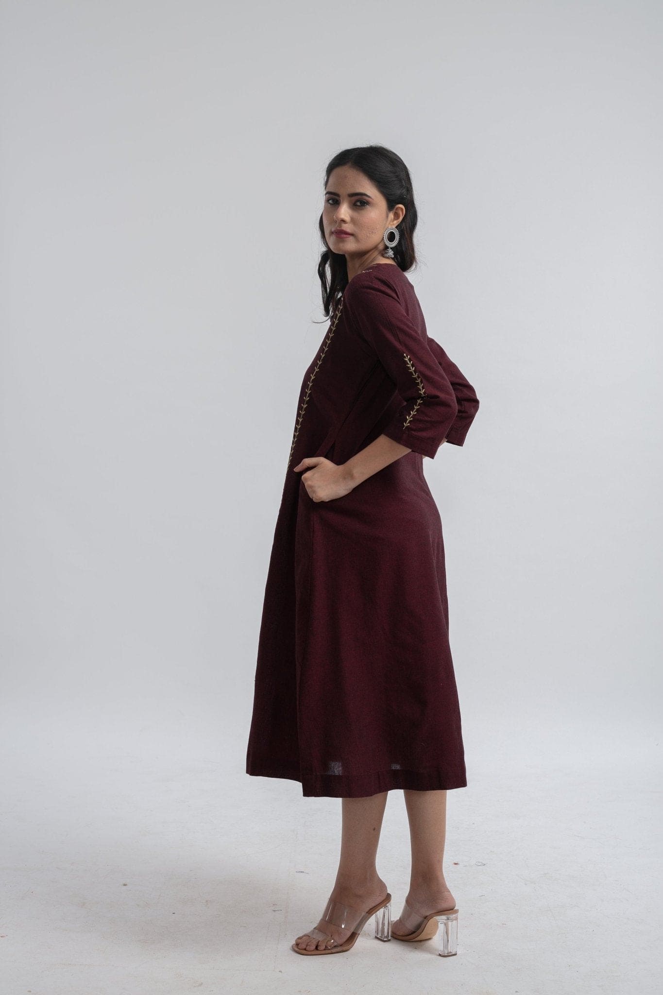 Floral Embroiderd Dress - Maroon - Charkha TalesFloral Embroiderd Dress - Maroon