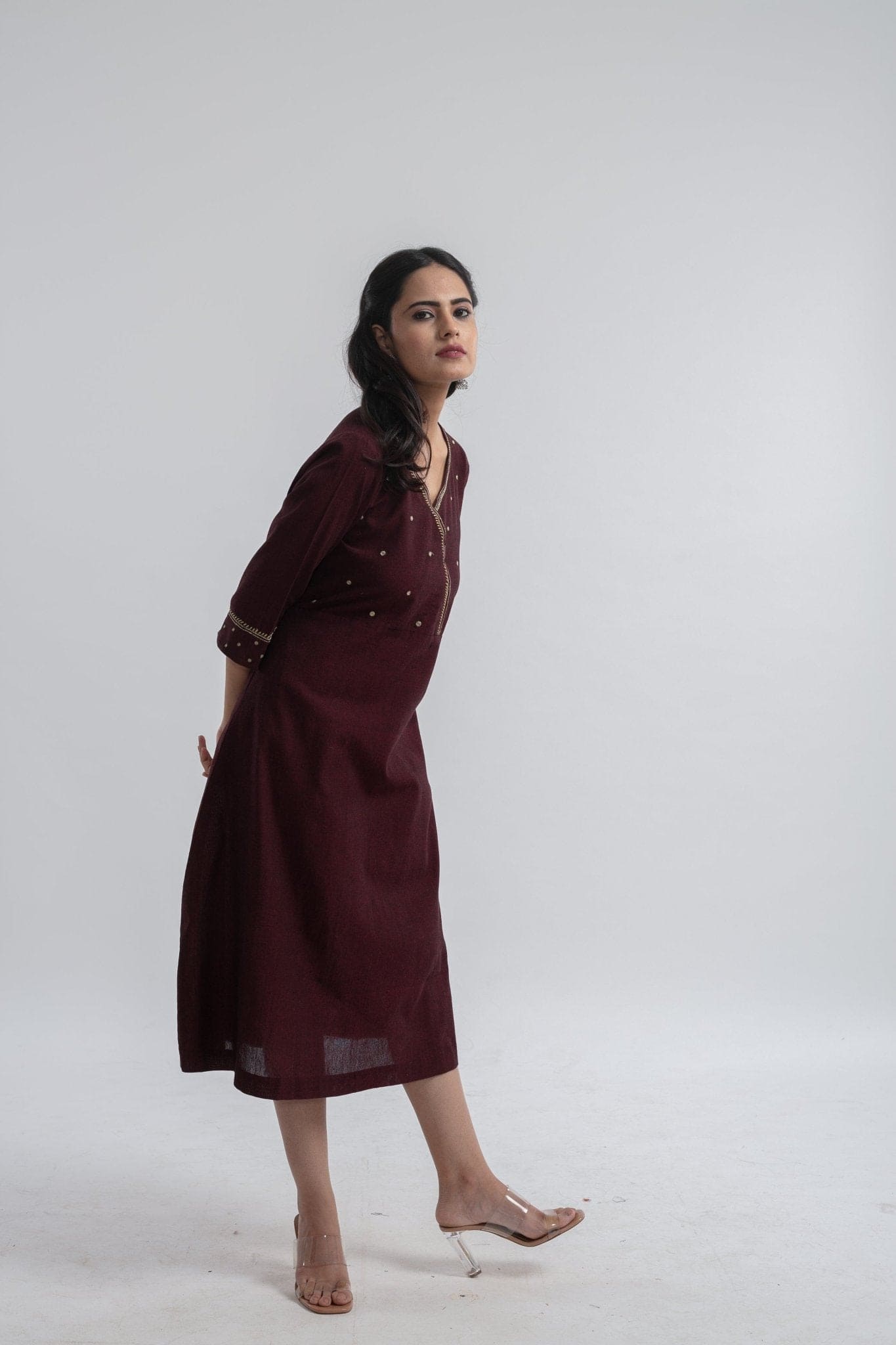 Floral Embroiderd Dress - Maroon - Charkha TalesFloral Embroiderd Dress - Maroon