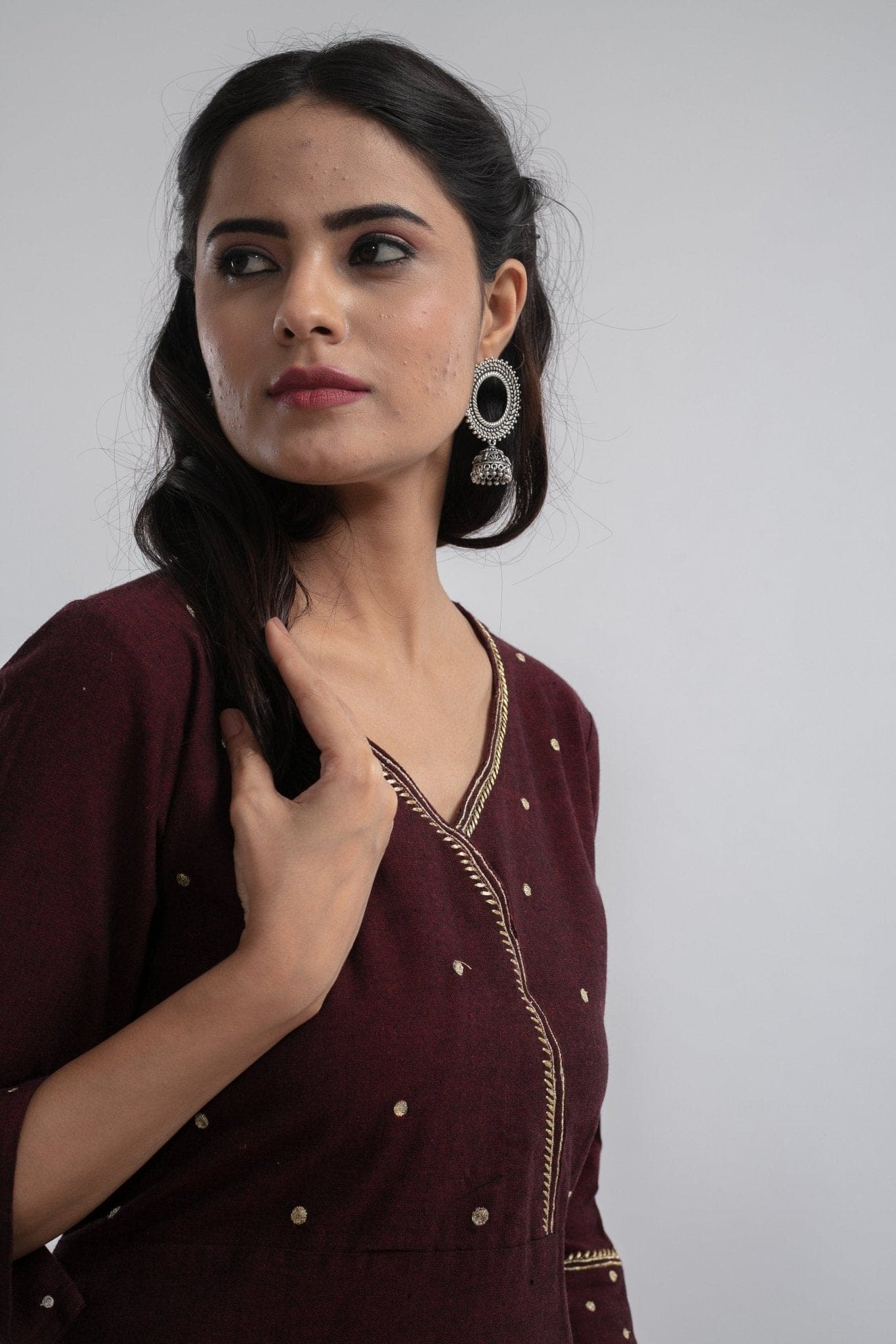 Floral Embroiderd Dress - Maroon - Charkha TalesFloral Embroiderd Dress - Maroon