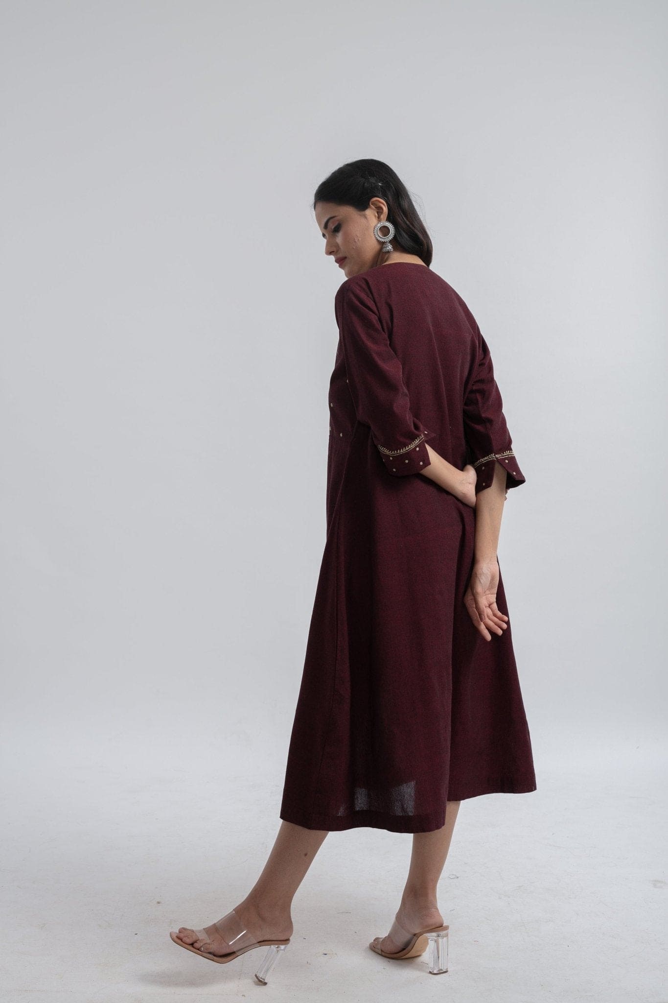 Floral Embroiderd Dress - Maroon - Charkha TalesFloral Embroiderd Dress - Maroon