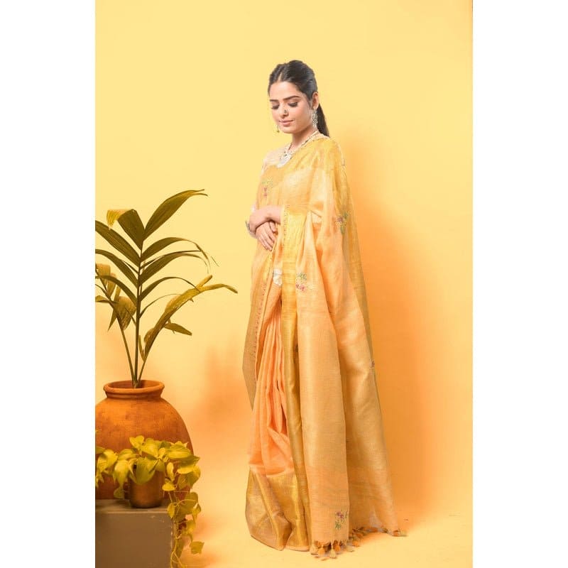 Floral Embroiderd Linen Saree - Yellow Gold - Charkha TalesFloral Embroiderd Linen Saree - Yellow Gold