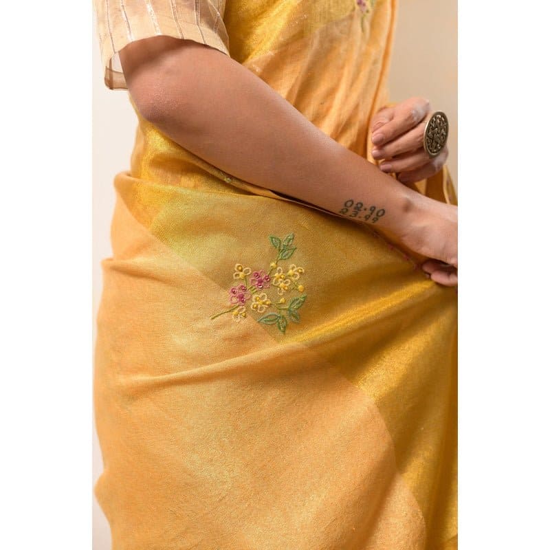 Floral Embroiderd Linen Saree - Yellow Gold - Charkha TalesFloral Embroiderd Linen Saree - Yellow Gold