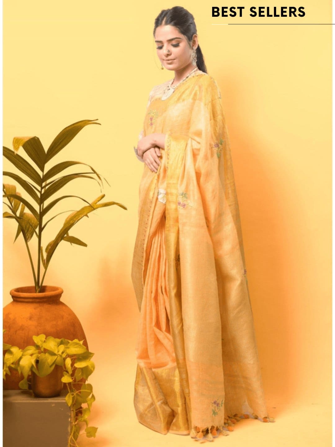 Floral Embroiderd Linen Saree - Yellow Gold - Charkha TalesFloral Embroiderd Linen Saree - Yellow Gold