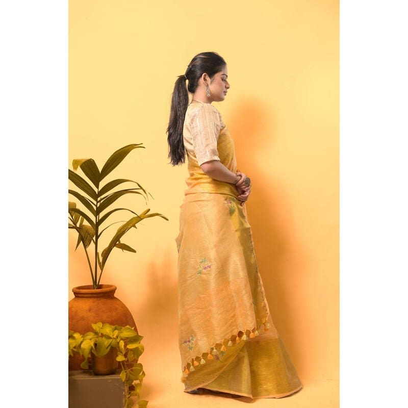 Floral Embroiderd Linen Saree - Yellow Gold - Charkha TalesFloral Embroiderd Linen Saree - Yellow Gold