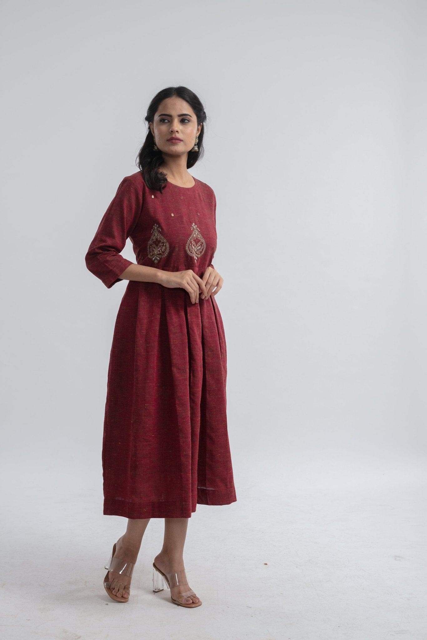 Floral Embroidered Dress - Maroon - Charkha TalesFloral Embroidered Dress - Maroon