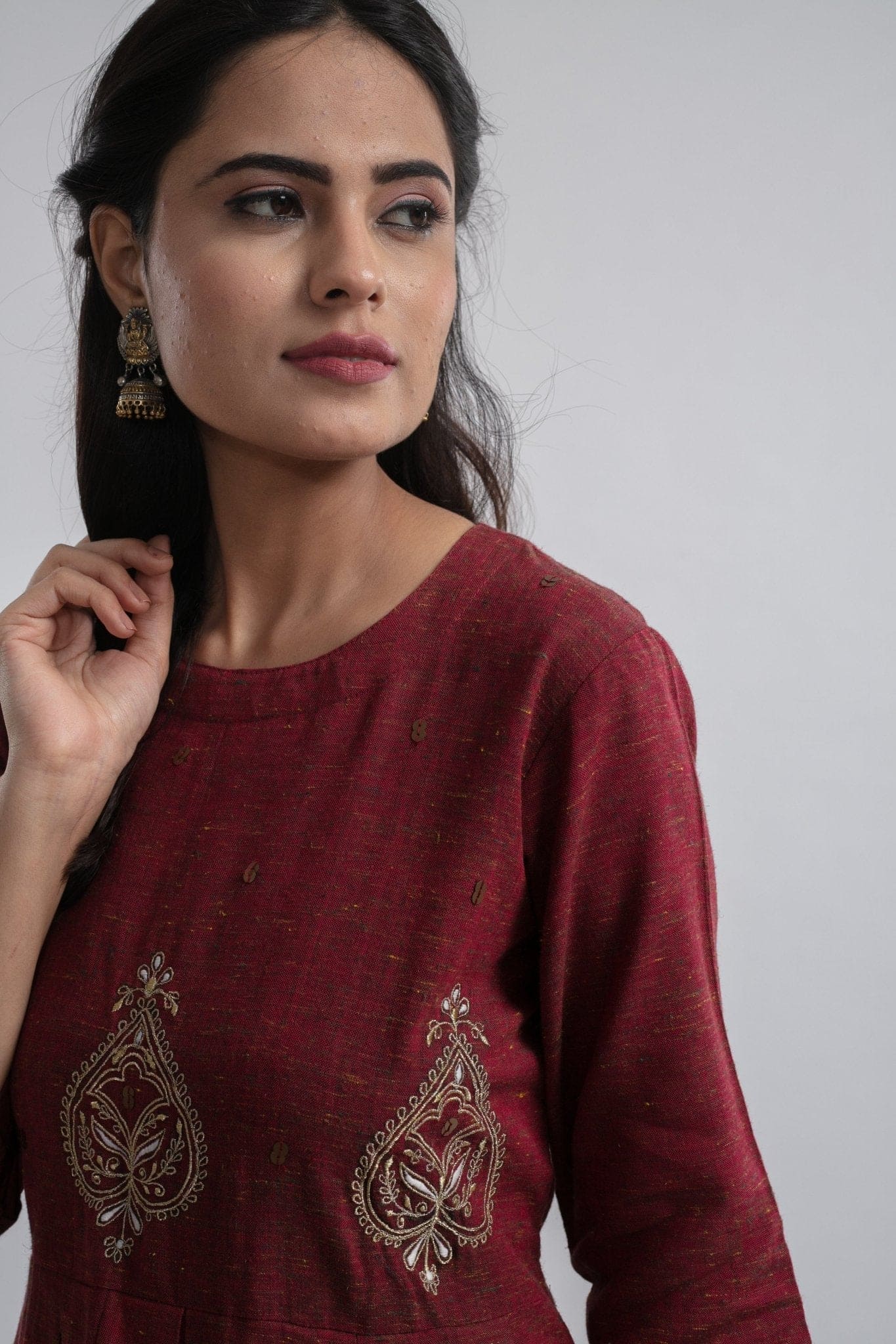 Floral Embroidered Dress - Maroon - Charkha TalesFloral Embroidered Dress - Maroon