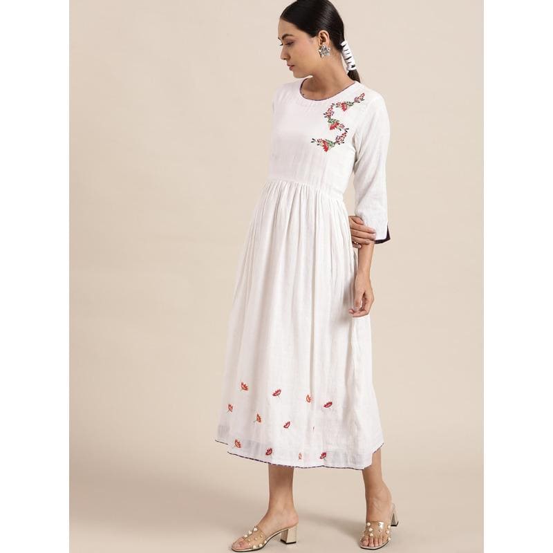 Floral Embroidered Dress - White - Charkha TalesFloral Embroidered Dress - White