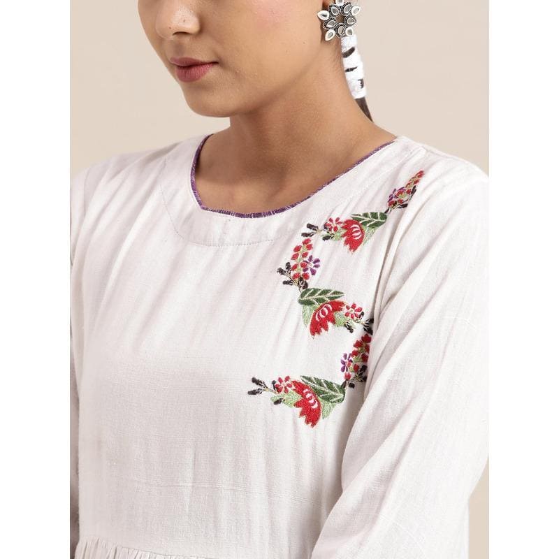 Floral Embroidered Dress - White - Charkha TalesFloral Embroidered Dress - White
