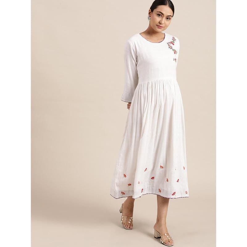 Floral Embroidered Dress - White - Charkha TalesFloral Embroidered Dress - White