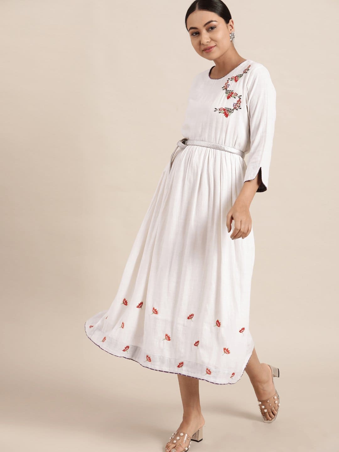 Floral Embroidered Dress - White - Charkha TalesFloral Embroidered Dress - White