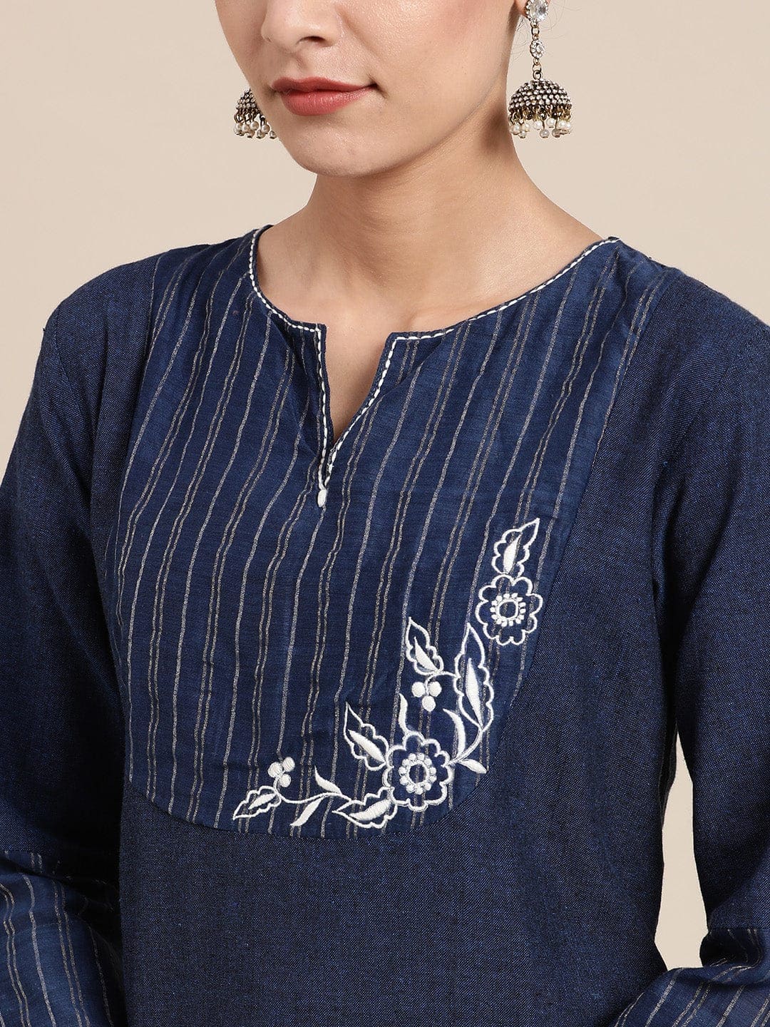 Floral Embroidered Kurta Set - Navy Blue - Charkha TalesFloral Embroidered Kurta Set - Navy Blue