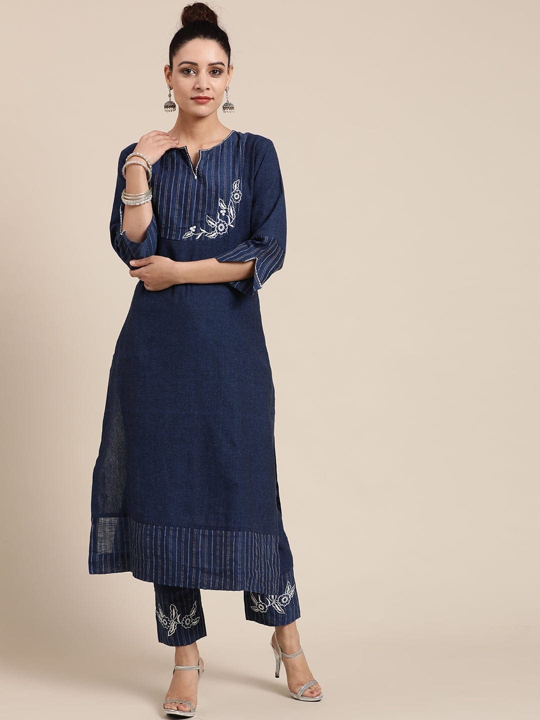 Floral Embroidered Kurta Set - Navy Blue - Charkha TalesFloral Embroidered Kurta Set - Navy Blue