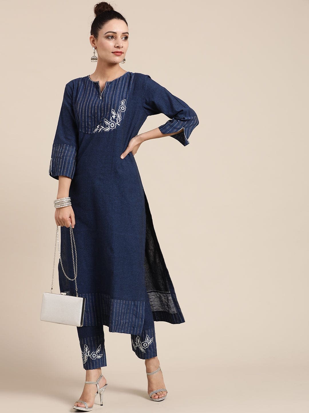 Floral Embroidered Kurta Set - Navy Blue - Charkha TalesFloral Embroidered Kurta Set - Navy Blue