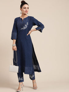 Floral Embroidered Kurta Set - Navy Blue