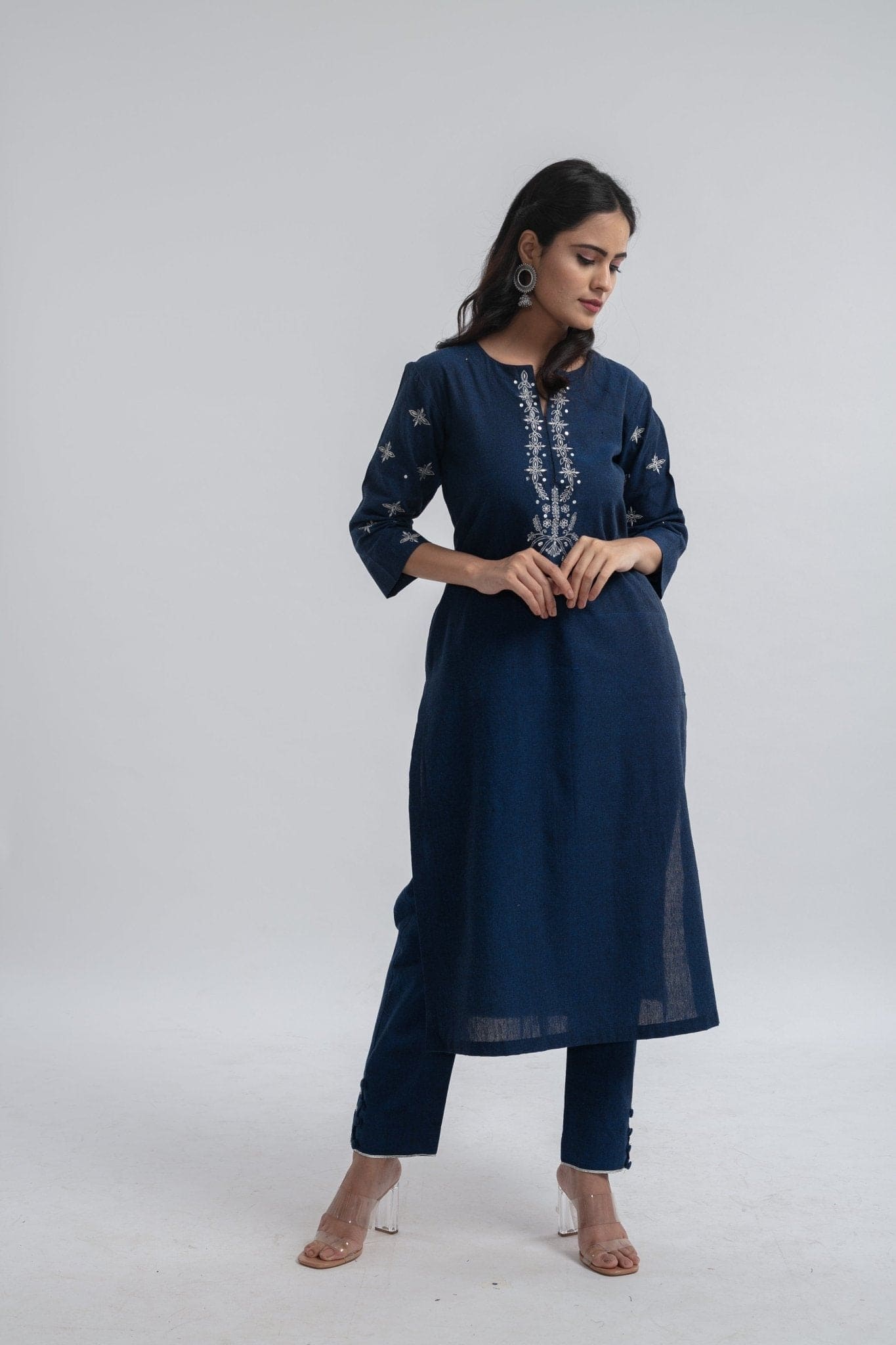 Floral Embroidered Kurta Set - Royal Blue - Charkha TalesFloral Embroidered Kurta Set - Royal Blue