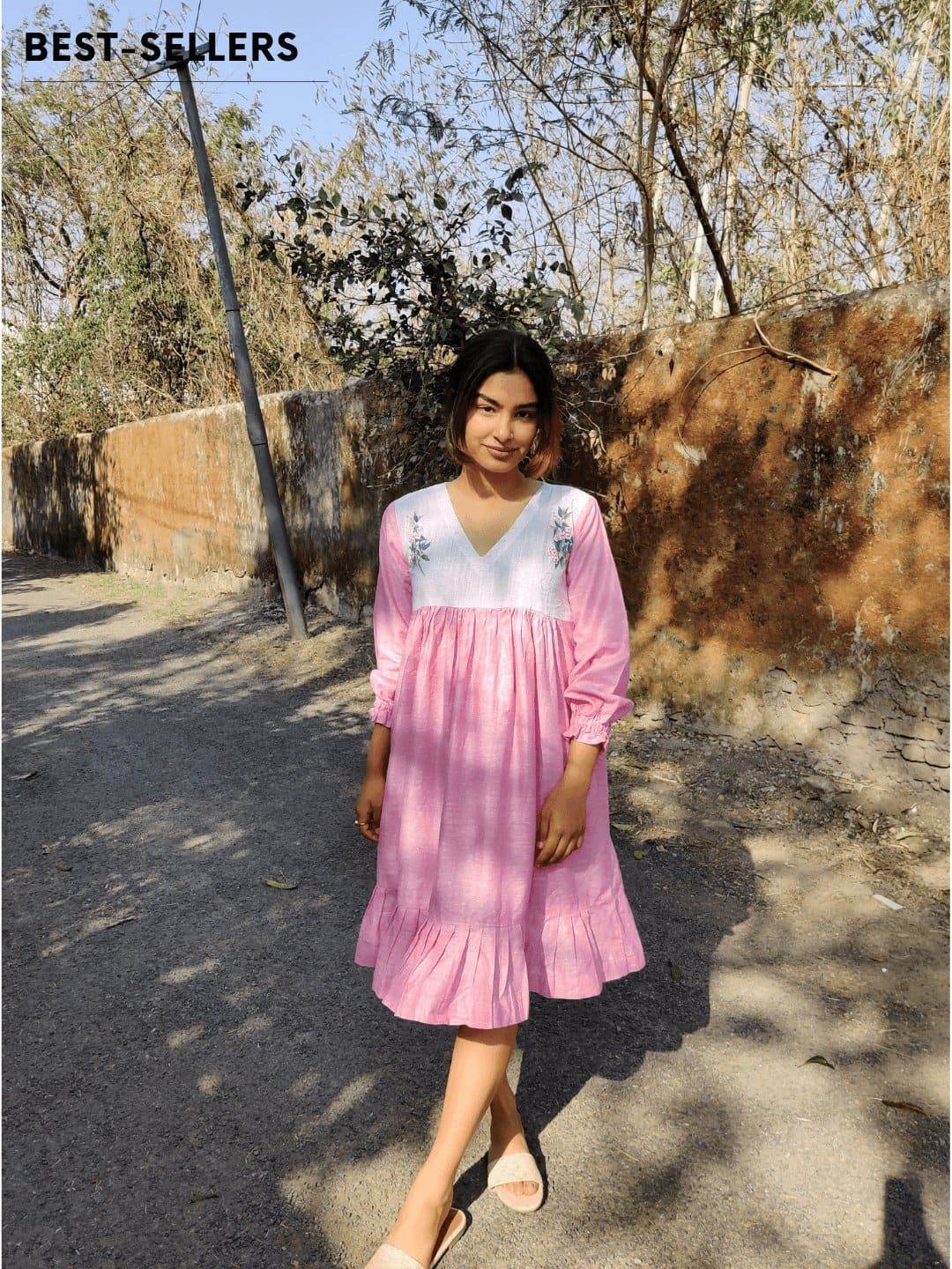 Floral Handpainted Khadi Dress - Pink - Charkha TalesFloral Handpainted Khadi Dress - Pink