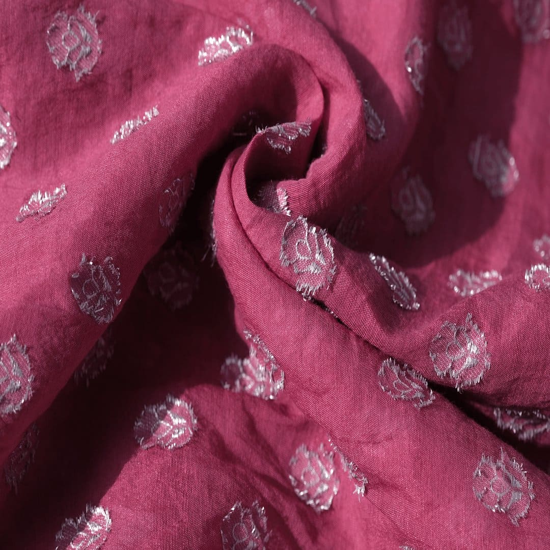 Floral Silk Chanderi Fabric - Purple - Charkha TalesFloral Silk Chanderi Fabric - Purple