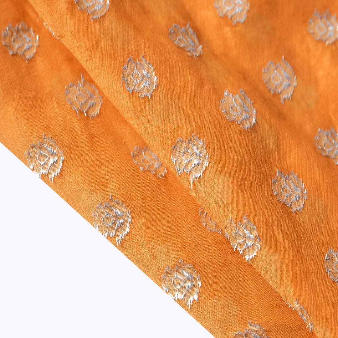 Floral Silk Fabric - Orange - Charkha TalesFloral Silk Fabric - Orange