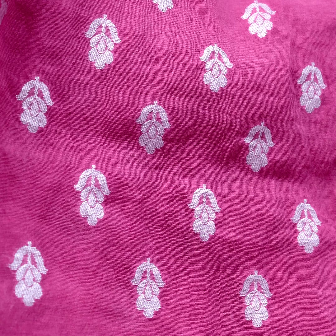 Fuchsia Pink Floral Silk Chanderi Fabric - Charkha TalesFuchsia Pink Floral Silk Chanderi Fabric