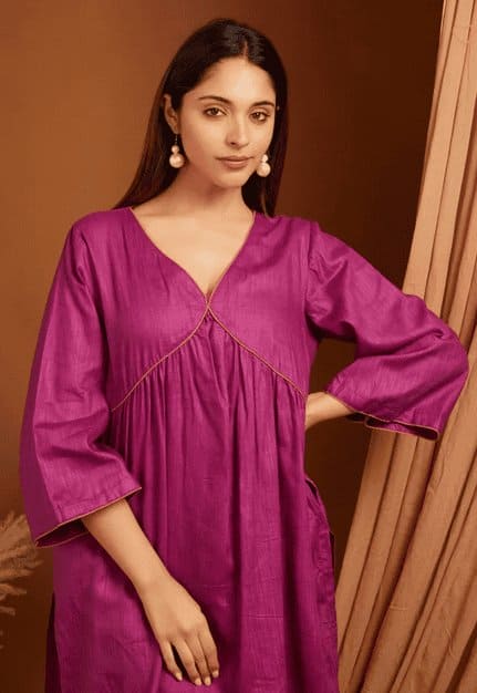 Gathered Linen Kurta Set - Purple - Charkha TalesGathered Linen Kurta Set - Purple