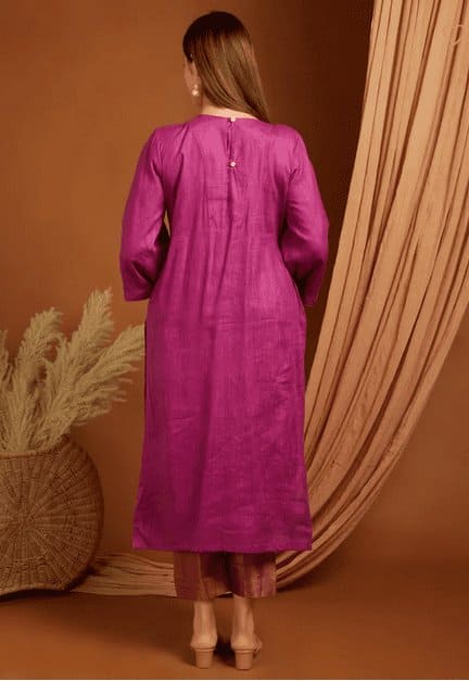 Gathered Linen Kurta Set - Purple - Charkha TalesGathered Linen Kurta Set - Purple