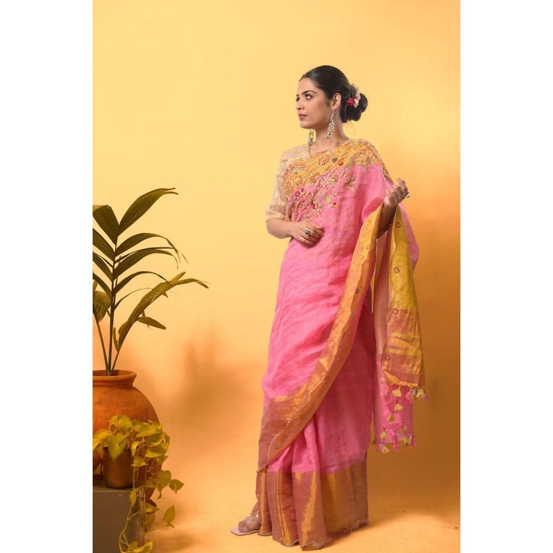 Gold Embroidered Saree - Rosy Pink - Charkha TalesGold Embroidered Saree - Rosy Pink