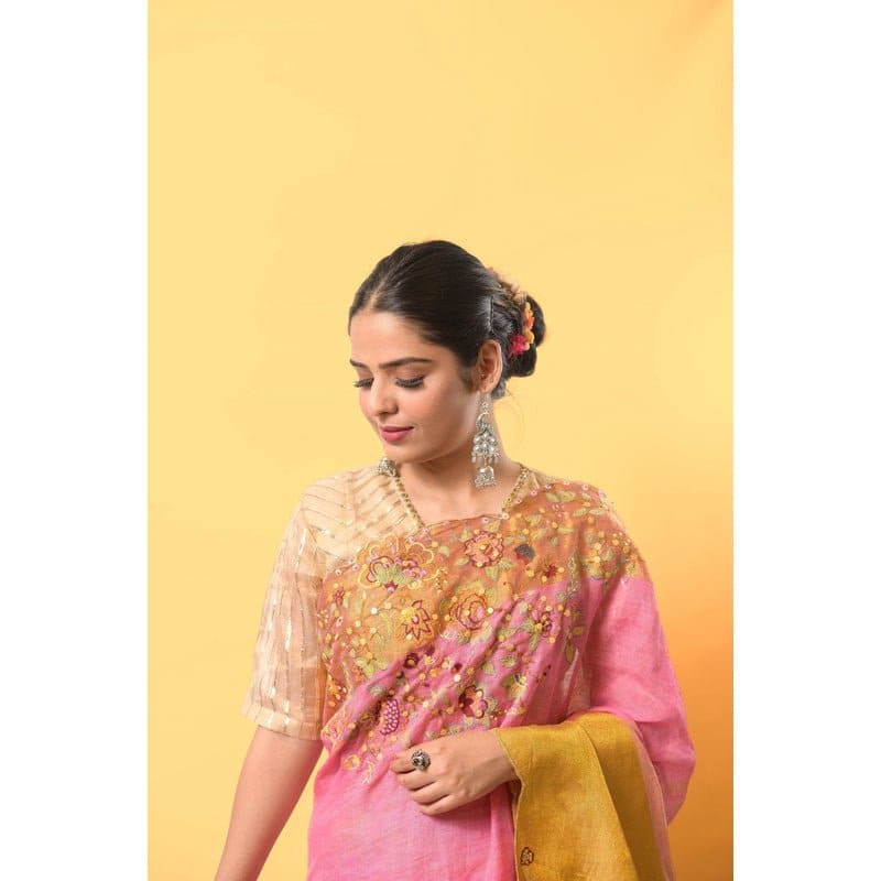 Gold Embroidered Saree - Rosy Pink - Charkha TalesGold Embroidered Saree - Rosy Pink