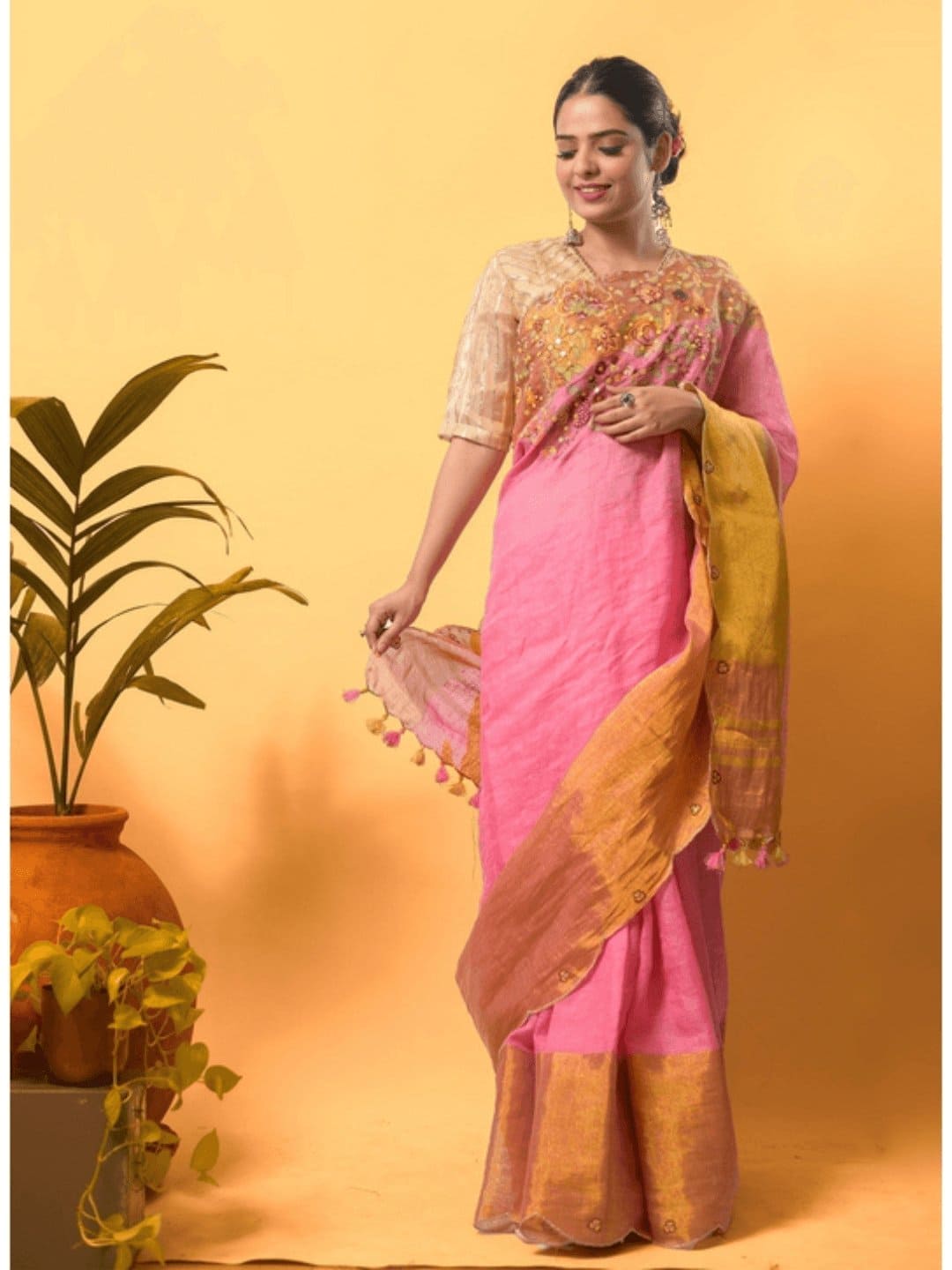 Gold Embroidered Saree - Rosy Pink - Charkha TalesGold Embroidered Saree - Rosy Pink