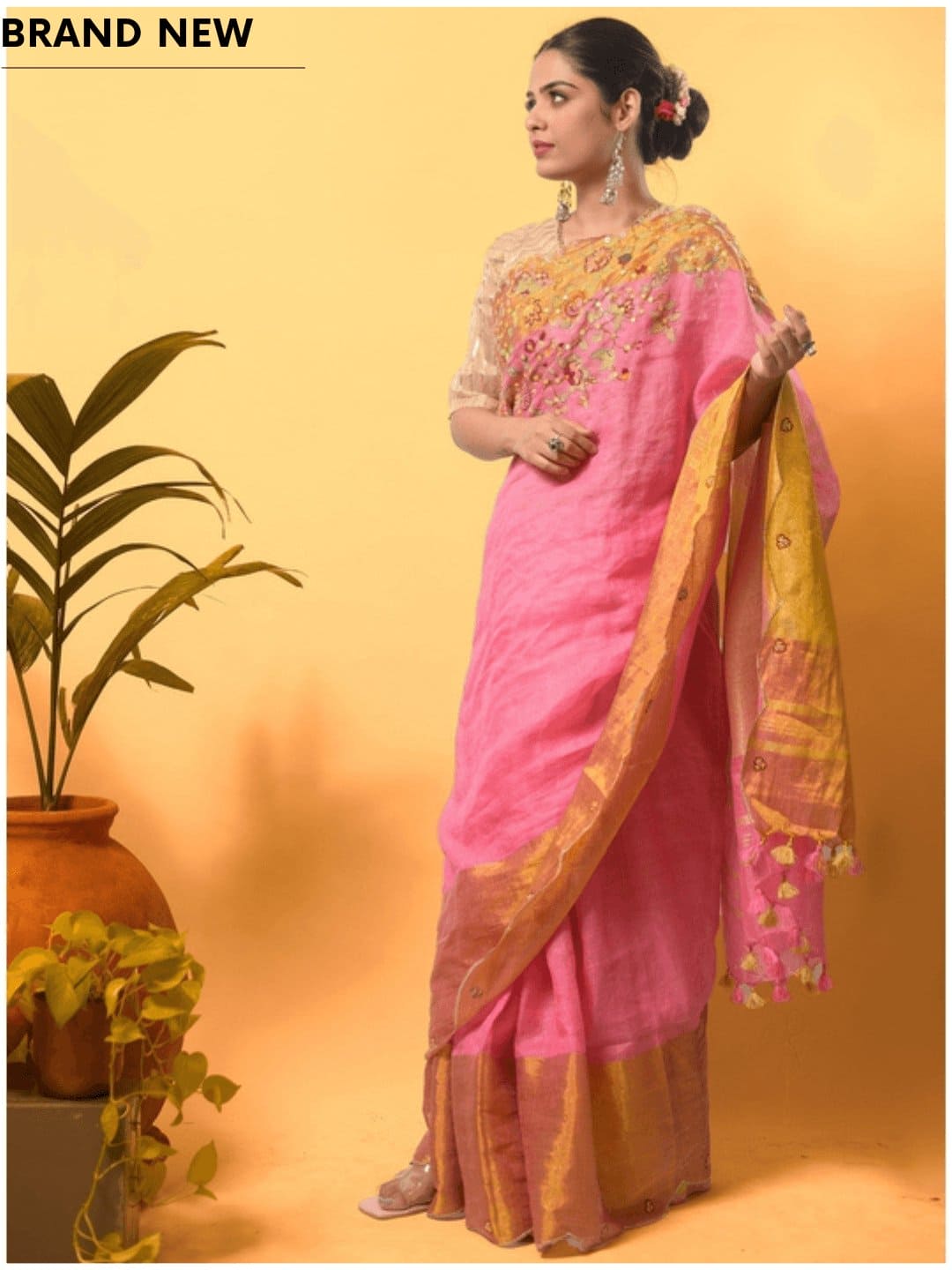 Gold Embroidered Saree - Rosy Pink - Charkha TalesGold Embroidered Saree - Rosy Pink