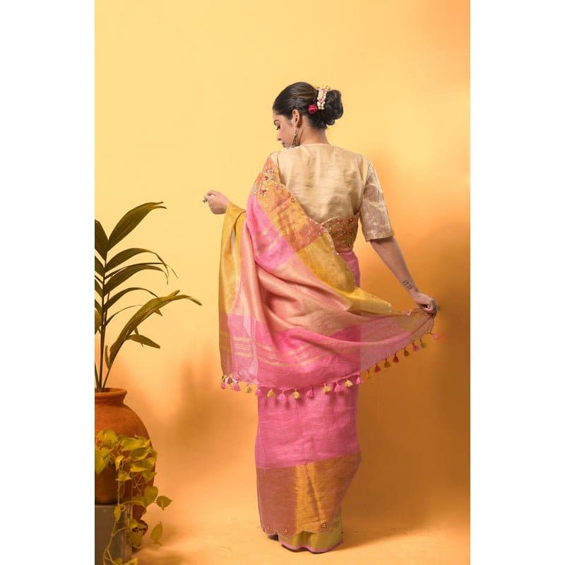 Gold Embroidered Saree - Rosy Pink - Charkha TalesGold Embroidered Saree - Rosy Pink